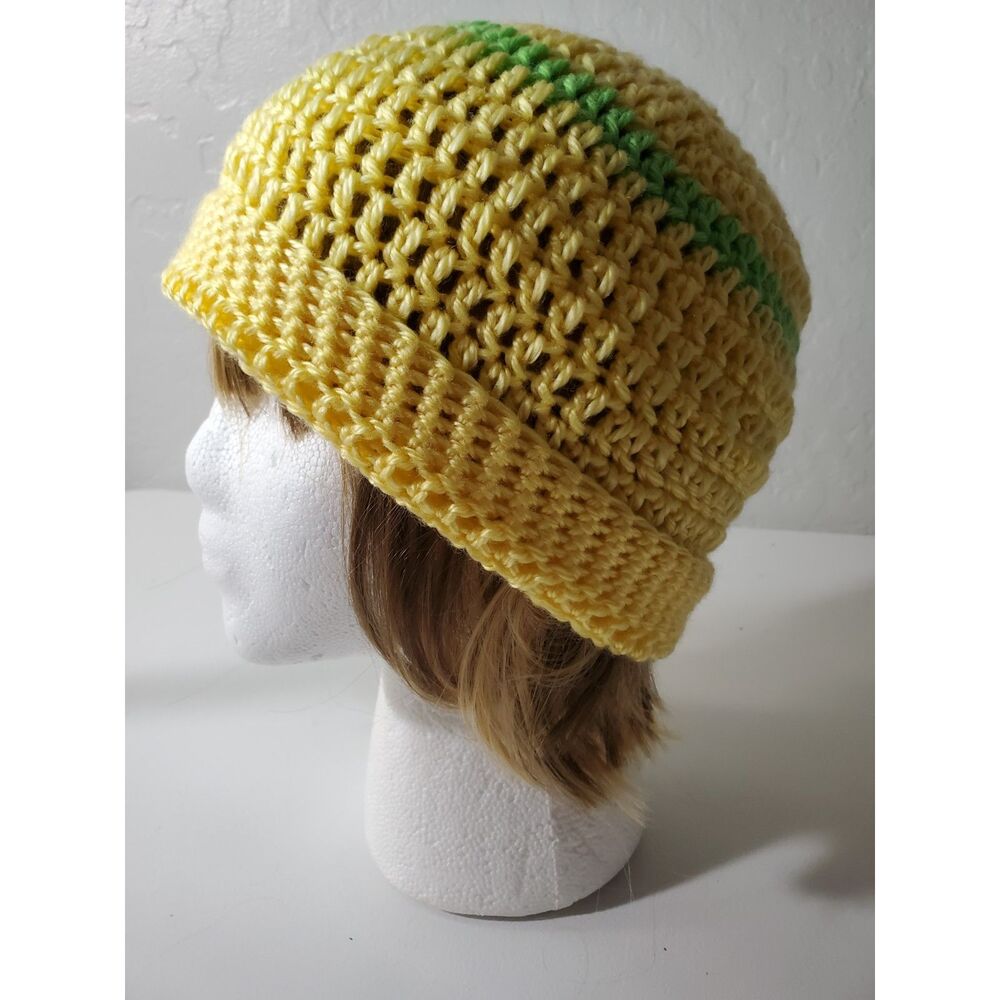 Hand Crocheted Yellow and Green Beanie